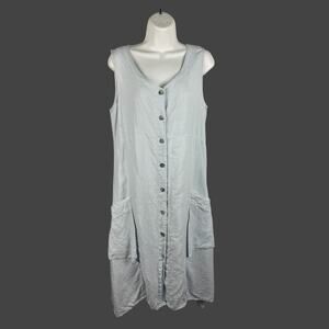 CLICK by Color Me Cotton 100% Linen Blue Button Front Midi Dress Small Lagenlook